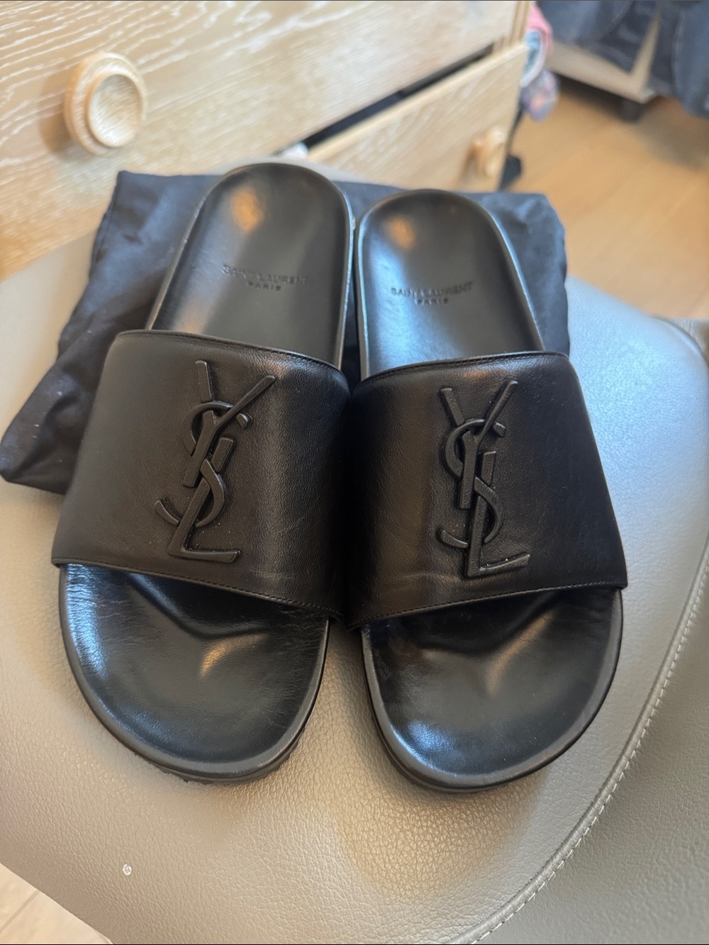 Saint Laurent Black Leather YSL Logo Slide Sandals